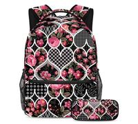 VAPOKF School Bag Set for Teen Girls Boys, Student Bookbag Backpack Rucksack with Pencil Case for School - Floral Hearts and Roses Pattern
