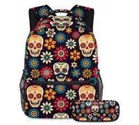 VAPOKF School Bag Set for Teen Girls Boys, Student Bookbag Backpack Rucksack with Pencil Case for School - Day of the Dead Sugar Skulls and Flowers
