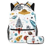 VAPOKF School Bag Set for Teen Girls Boys, Student Bookbag Backpack Rucksack with Pencil Case for School - Space Cartoon Rockets Planets Stars Comets UFO Pattern