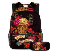 VAPOKF School Bag Set for Teen Girls Boys, Student Bookbag Backpack Rucksack with Pencil Case for School - Day of the Dead Sugar Skull Flower