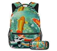VAPOKF School Bag Set for Teen Girls Boys, Student Bookbag Backpack Rucksack with Pencil Case for School - Japanese Koi Fish
