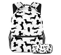 VAPOKF School Bag Set for Teen Girls Boys, Student Bookbag Backpack Rucksack with Pencil Case for School - Black Dogs Dachshund Shadow