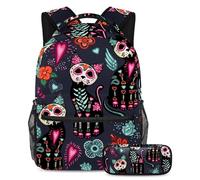 VAPOKF School Bag Set for Teen Girls Boys, Student Bookbag Backpack Rucksack with Pencil Case for School - Day of the Dead Halloween Cats