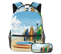 VAPOKF School Bag Set for Teen Girls Boys, Student Bookbag Backpack Rucksack with Pencil Case for School - Seaside Beach Surfboard