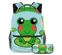 VAPOKF School Bag Set for Teen Girls Boys, Student Bookbag Backpack Rucksack with Pencil Case for School - Lovely Frog on the Lotus Leaf