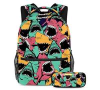 VAPOKF School Bag Set for Teen Girls Boys, Student Bookbag Backpack Rucksack with Pencil Case for School - Angry Shark Sea Life Pattern