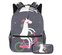VAPOKF School Bag Set for Teen Girls Boys, Student Bookbag Backpack Rucksack with Pencil Case for School - Unicorn Bicycle Grey