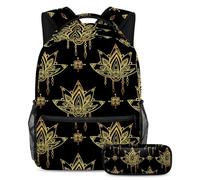 VAPOKF School Bag Set for Teen Girls Boys, Student Bookbag Backpack Rucksack with Pencil Case for School - Geometric Lotus and Flowers Mandalas Indian Pattern