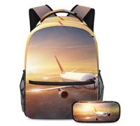 VAPOKF School Bag Set for Teen Girls Boys, Student Bookbag Backpack Rucksack with Pencil Case for School - Airplane in the Sky at Sunset