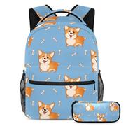 VAPOKF School Bag Set for Teen Girls Boys, Student Bookbag Backpack Rucksack with Pencil Case for School - Cute Smiling Welsh Corgi Dog Bones Pattern