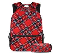 VAPOKF School Bag Set for Teen Girls Boys, Student Bookbag Backpack Rucksack with Pencil Case for School - Royal Stewart Tartan
