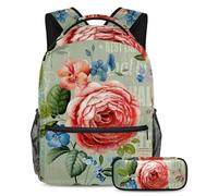 VAPOKF School Bag Set for Teen Girls Boys, Student Bookbag Backpack Rucksack with Pencil Case for School - European Style Flower
