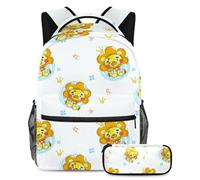 VAPOKF School Bag Set for Teen Girls Boys, Student Bookbag Backpack Rucksack with Pencil Case for School - Cute Baby Plush Lion with Pattern