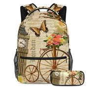 VAPOKF School Bag Set for Teen Girls Boys, Student Bookbag Backpack Rucksack with Pencil Case for School - London Big Ben Roses and Bicycle Vintage Postcard