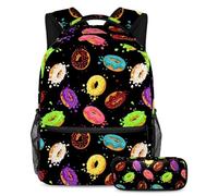 VAPOKF School Bag Set for Teen Girls Boys, Student Bookbag Backpack Rucksack with Pencil Case for School - Sweet Donut Spill Colorful