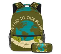 VAPOKF School Bag Set for Teen Girls Boys, Student Bookbag Backpack Rucksack with Pencil Case for School - Gardening Hand Holding Planet Earth