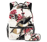 VAPOKF School Bag Set for Teen Girls Boys, Student Bookbag Backpack Rucksack with Pencil Case for School - Chinese Birds with Plum Blossom