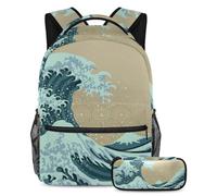 VAPOKF School Bag Set for Teen Girls Boys, Student Bookbag Backpack Rucksack with Pencil Case for School - Japanese Wave