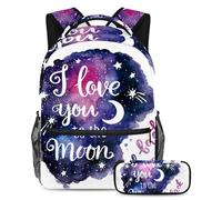 VAPOKF School Bag Set for Teen Girls Boys, Student Bookbag Backpack Rucksack with Pencil Case for School - I Love You To the Moon Galaxy
