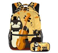VAPOKF School Bag Set for Teen Girls Boys, Student Bookbag Backpack Rucksack with Pencil Case for School - Music Funny Cat Play the Violin