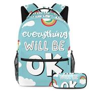 VAPOKF School Bag Set for Teen Girls Boys, Student Bookbag Backpack Rucksack with Pencil Case for School - Everything-Will-Be-Ok Blue