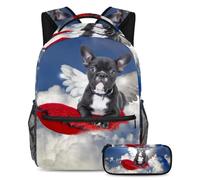 VAPOKF School Bag Set for Teen Girls Boys, Student Bookbag Backpack Rucksack with Pencil Case for School - Bulldog Dog Angel Pet Cute Puppy