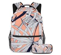 VAPOKF School Bag Set for Teen Girls Boys, Student Bookbag Backpack Rucksack with Pencil Case for School - Palm Leaves Floral Line Art Pattern