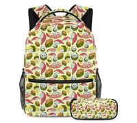 VAPOKF School Bag Set for Teen Girls Boys, Student Bookbag Backpack Rucksack with Pencil Case for School - Cute Sushi Japanese Food