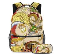 VAPOKF School Bag Set for Teen Girls Boys, Student Bookbag Backpack Rucksack with Pencil Case for School - Retro Chinese Dragon Peacock Feather