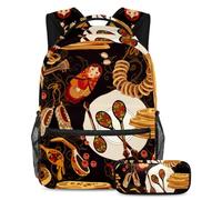 VAPOKF School Bag Set for Teen Girls Boys, Student Bookbag Backpack Rucksack with Pencil Case for School - Russian Doll Cuisine Food Pattern