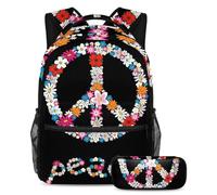 VAPOKF School Bag Set for Teen Girls Boys, Student Bookbag Backpack Rucksack with Pencil Case for School - No War Peace Flower Symbol