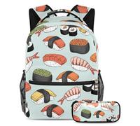 VAPOKF School Bag Set for Teen Girls Boys, Student Bookbag Backpack Rucksack with Pencil Case for School - Sushi Pattern