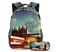 VAPOKF School Bag Set for Teen Girls Boys, Student Bookbag Backpack Rucksack with Pencil Case for School - London the Big Ben Clock Night Scenery