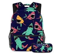 VAPOKF School Bag Set for Teen Girls Boys, Student Bookbag Backpack Rucksack with Pencil Case for School - Angry Shark Sea Life Pattern