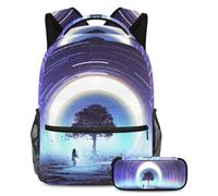 VAPOKF School Bag Set for Teen Girls Boys, Student Bookbag Backpack Rucksack with Pencil Case for School - Magic Tree Against Star Trails Moon Painting