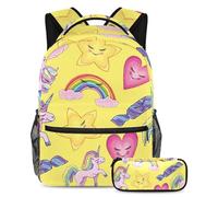 VAPOKF School Bag Set for Teen Girls Boys, Student Bookbag Backpack Rucksack with Pencil Case for School - Shy Unicorn Rainbow Stars Heart Candy Yellow