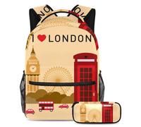 VAPOKF School Bag Set for Teen Girls Boys, Student Bookbag Backpack Rucksack with Pencil Case for School - I Love London Symbols Big Ben