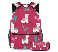 VAPOKF School Bag Set for Teen Girls Boys, Student Bookbag Backpack Rucksack with Pencil Case for School - Alpaca Red Llama