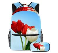 VAPOKF School Bag Set for Teen Girls Boys, Student Bookbag Backpack Rucksack with Pencil Case for School - Red White Tulip Flower