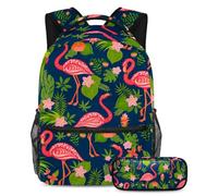 VAPOKF School Bag Set for Teen Girls Boys, Student Bookbag Backpack Rucksack with Pencil Case for School - Pink Flamingo Palm Tree Leaf Flowers Pattern