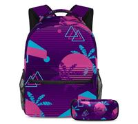 VAPOKF School Bag Set for Teen Girls Boys, Student Bookbag Backpack Rucksack with Pencil Case for School - Memphis Palm Tree Geometric