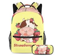 VAPOKF School Bag Set for Teen Girls Boys, Student Bookbag Backpack Rucksack with Pencil Case for School - Strawberries and Cows Drinking Milk