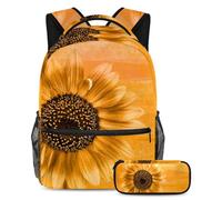 VAPOKF School Bag Set for Teen Girls Boys, Student Bookbag Backpack Rucksack with Pencil Case for School - Sunflower Blossom Bloom Yellow Art