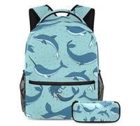 VAPOKF School Bag Set for Teen Girls Boys, Student Bookbag Backpack Rucksack with Pencil Case for School - Whales Mermaids Narwhals and Dolphins