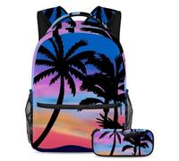 VAPOKF School Bag Set for Teen Girls Boys, Student Bookbag Backpack Rucksack with Pencil Case for School - Seaside Beach Sunset Palm Tree