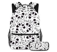 VAPOKF School Bag Set for Teen Girls Boys, Student Bookbag Backpack Rucksack with Pencil Case for School - Panda and Lettering Doodles Cute Pattern