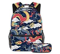 VAPOKF School Bag Set for Teen Girls Boys, Student Bookbag Backpack Rucksack with Pencil Case for School - Chinese Myths Legends Dragon Red Navy