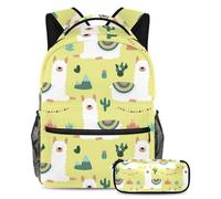 VAPOKF School Bag Set for Teen Girls Boys, Student Bookbag Backpack Rucksack with Pencil Case for School - White Llamas Cute Alpacas Cacti Mountains Garlands Pattern