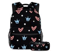 VAPOKF School Bag Set for Teen Girls Boys, Student Bookbag Backpack Rucksack with Pencil Case for School - Cute Crown Loving Heart Black