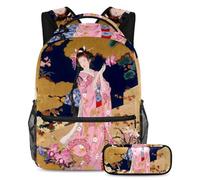 VAPOKF School Bag Set for Teen Girls Boys, Student Bookbag Backpack Rucksack with Pencil Case for School - Japanese Geisha Girl